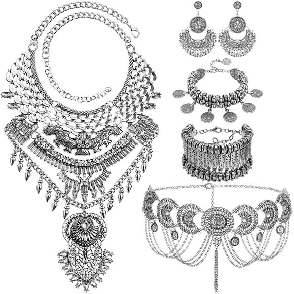 5 Pcs Boho Jewelry Set Waist Chain Coin Statement Necklace Coin Hand Bracelet